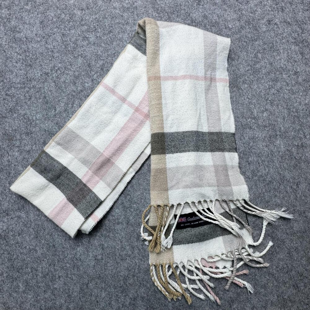 100% Cashmere Scarf Womens Multicolor Plaid Fringe Made in UK